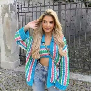 ZARA Bloggers Favorite MATCHING SET Crochet Crop Top & Cardigan Sweater Sz M